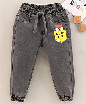 Babyhug Full Length Spandex Denim Jogger Fox Applique - Grey