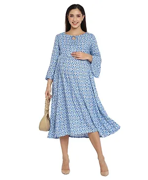 Momsoon Three Fourth Sleeves Floral Design Maternity Nursing Dress - Blue
