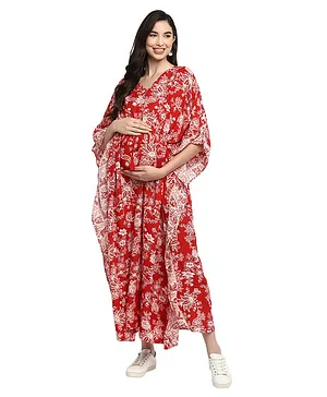 Momsoon Three Fourth Sleeves Floral Print Kaftan Maternity Dress - Red White
