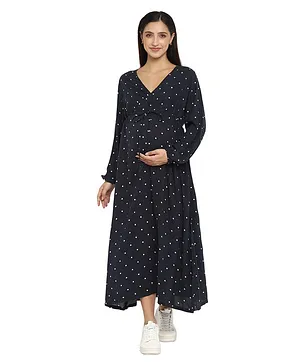 Momsoon Full Sleeves Polka Dots Print Maternity Nursing Maxi Dress - Navy Blue