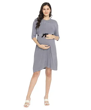 Momsoon Three Fourth Sleeves Striped Front Tie Up Maternity Dress - Black White
