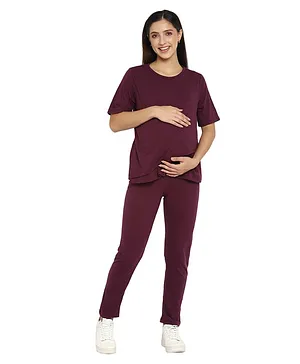 Momsoon Half Sleeves Solid Maternity Nursing T Shirt With Pyjama Night Suit - Dark Purple