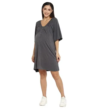 Momsoon Three Fourth Sleeves Solid Maternity Nursing Night Dress - Grey