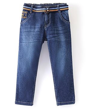 Babyhug Cotton Full Length Denim Jeans with Belt Washed Solid Colour - Blue