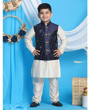 Vastramay Full Sleeves Solid Kurta & Pajama With All Over Floral Embroidered Jacket - Cream & Navy Blue