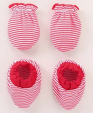 Child World Cotton Mittens And Booties Stripes - Red