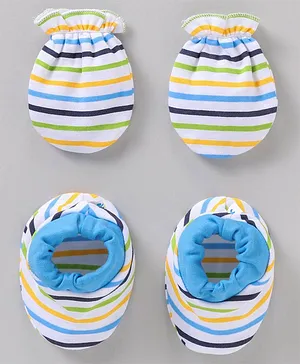 Child World Cotton Mittens And Booties Stripes - Blue