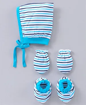 Child World Cotton Cap Mittens & Booties Set Striped Blue - Diameter 10.5 cm