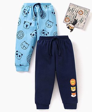 Babyhug Cotton Full Length Lounge Pants Panda Face Print Pack of 2 - Navy Blue