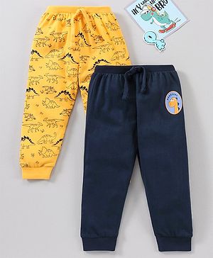 Babyhug Cotton Full Length Ribbed Waist Lounge Pant Printed Pack of 2  - Yellow Navy