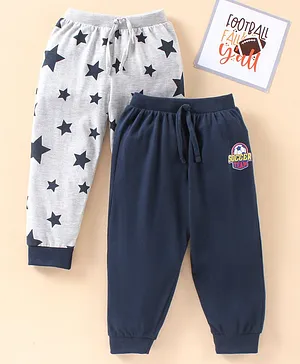 Babyhug Full Length Lounge Pants Solid Color & Star Print Pack Of 2 - White Navy Blue