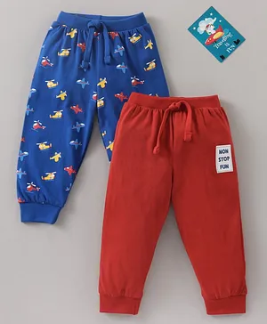 Babyhug Full Length Lounge Pants Text & Plane Print Pack Of 2 - Blue Red