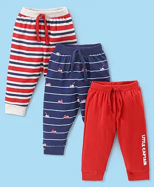 Babyhug Cotton Full Length Lounge Pants Printed and Solid Pack of 3 - Blue & Red