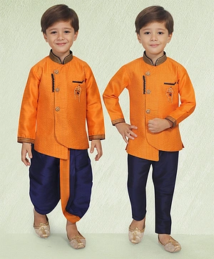 KIDS FARM Full Sleeves Line Embroidered Asymmetrical Silk Kurta With Contrast Dhoti & Pajama Combo - Light Orange & Dark Blue