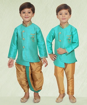 KIDS FARM Full Sleeves Line Embroidered Asymmetrical Silk Kurta With Contrast Dhoti & Pajama Combo - Light Blue & Gold