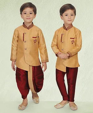 KIDS FARM Full Sleeves Line Embroidered Asymmetrical Silk Kurta With Contrast Dhoti & Pajama Combo - Brown & Maroon