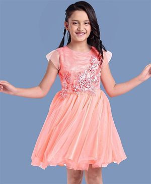 Pine Kids Half Sleeves Party Wear Dress with Flower Brooch - Pink
