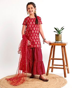 Pine Kids Half Sleeves Choli & Lehenga With Dupatta Set - Red