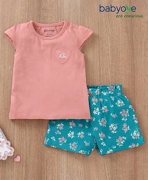 Babyoye Cotton Eco-Consious Short Sleeves T-shirt with Knee Length Shorts Floral Print - Multicolour