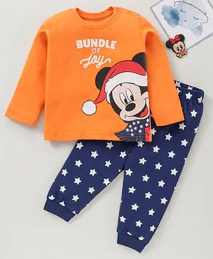 Disney by Babyhug Cotton Knit Full Sleeves Nightwear Pyjama Set Stripes Mickey Mouse Print - Orange
