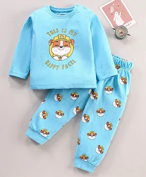 Babyhug Cotton Knit Full Sleeves Nightwear Pyjama Set Stripes Puppy Print - Blue