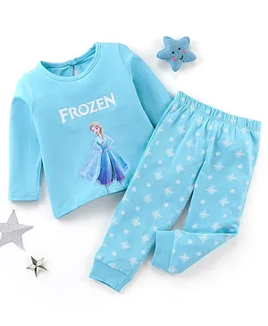 Disney by Babyhug 100% Cotton Knit Full Sleeves Night Suit Frozen Print - Blue