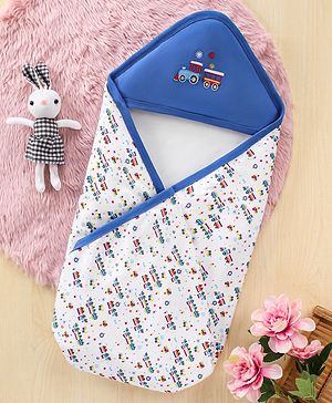 Babyhug Cotton Interlock Double Layer Hooded Wrapper with Train Embroidery - Blue