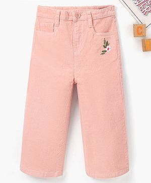 Babyhug Cotton Stretchable Culotte Length Corduroy Pants Flower Embroidery - Pink