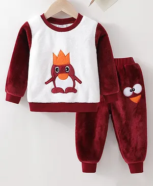 Kookie Kids Full Sleeves Winter Wear T-Shirt & Lounge Pant Set Penguin Embroidered - Red