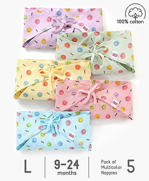 Babyhug Muslin Cloth Nappy Smiley Print Large Set Of 5 - Multicolor