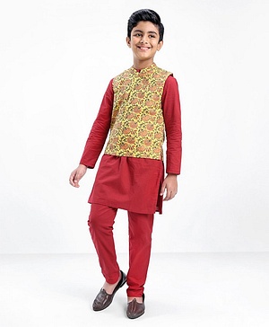 Pine Kids Full Sleeves Kurta Pyjama Set with Bandi Floral Print - Maroon