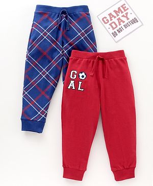 Babyhug Cotton Knit Full Length Checks & Text Printed Lounge Pants Pack Of 2 - Navy Red