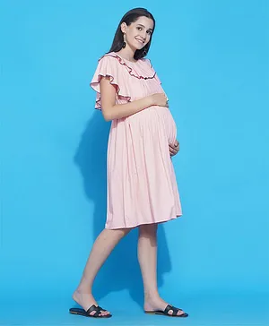 Mine4Nine Half Cape Sleeves Solid Asymmetric Maternity Nursing Dress - Pink