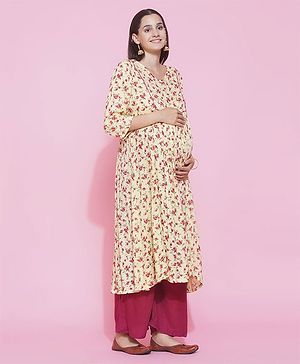 Mine4Nine Three Fourth Sleeves Floral Printed A Line Maternity Kurta - Yellow