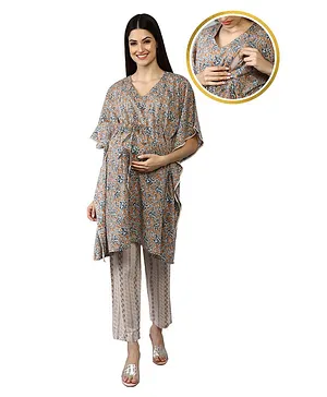 Zelena Three Fourth Sleeves Floral Design Maternity Nursing Kaftan Top With Abstract Stripes Pant - Brown