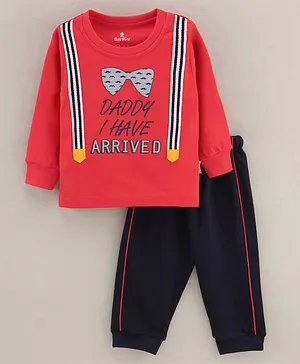 Child World Cotton Full Sleeves Text Printed Winter Wear T-Shirt & Lounge Pant - Red