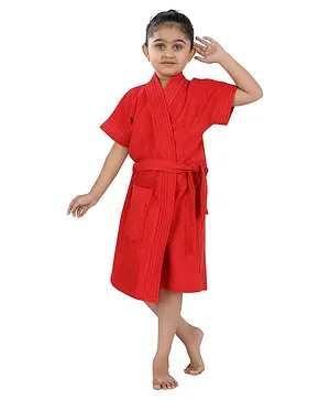 Baby Moo Solid Toddler Half Sleeves Pocket with Waist Belt Bathrobe - Red