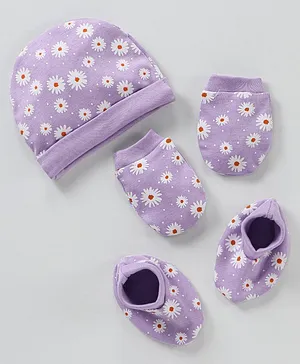 Babyhug 100% Cotton Cap Mittens & Booties Purple - Circumference 35 cm