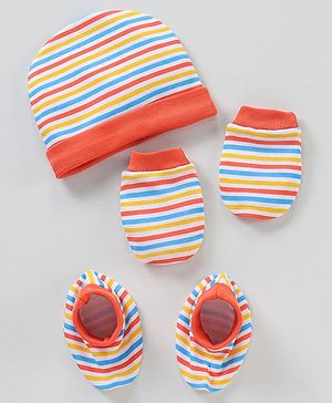 Babyhug 100% Cotton Cap Mittens & Booties Multicolour - Circumference 32 cm