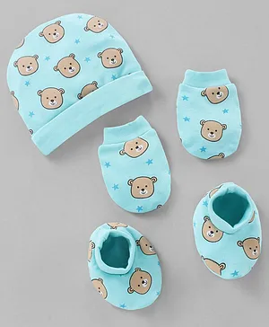 Babyhug 100% Cotton Cap Mittens & Booties Set Teddy Print Blue - Diameter- 10.5 cm