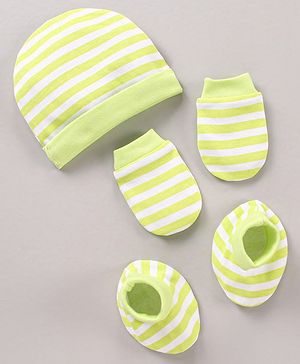 Babyhug 100 % Cotton Cap Mittens and Booties Stripes Print Green - Diameter 12 cm