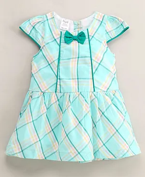 Simply Cotton Knit Cap Sleeves Checked Frock With Bow Applique - Green