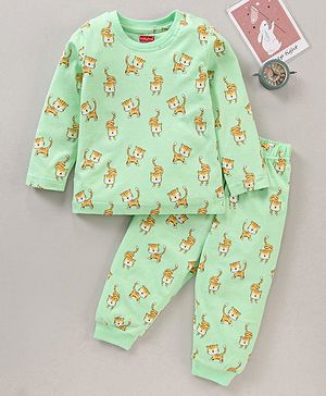 Babyhug Full Sleeves Tiger Printed  Night Suit - Green
