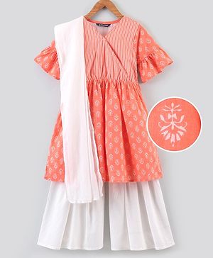 Pine Kids Half Sleeves Kurti Churidar Set with Dupatta - Orange
