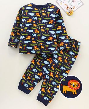 Babyhug Full Sleeves Night Suit Animal Print - Multicolor