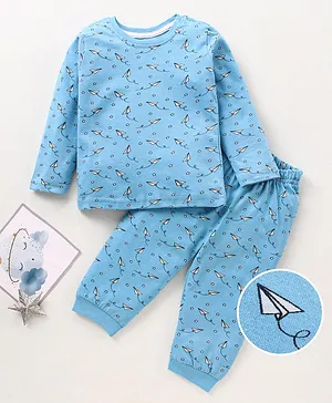Babyhug Cotton Full Sleeves Night Suit Paper Plane Print - Blue