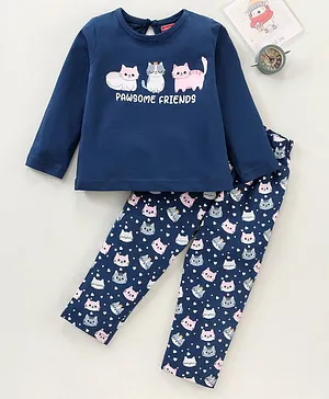 Babyhug Full Sleeves Cotton Night Suit Kitty Print- Multicolor
