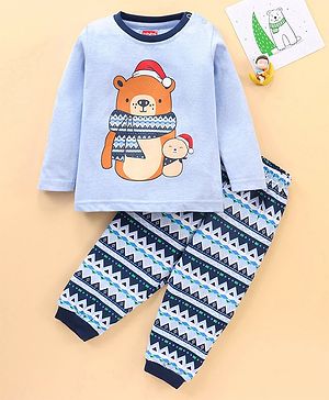 Babyhug Cotton Knit Full Sleeves Night Suit With Bear Print - Light Blue