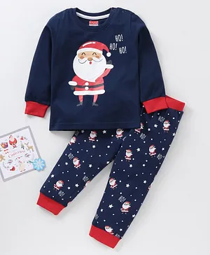 Babyhug Full Sleeves Cotton Santa Graphic Night Suit - Navy Blue