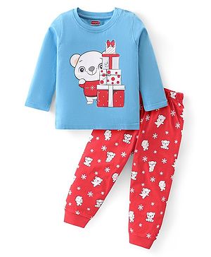 Babyhug Cotton Knit Full Sleeves Bear Printed Night Suit - Blue